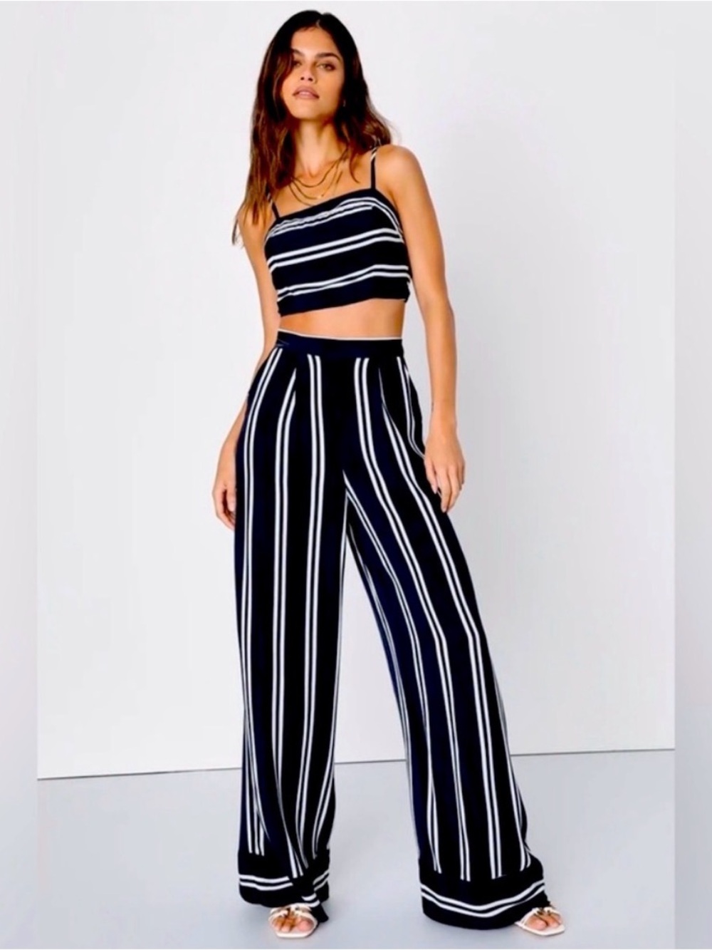Lulus “Coastal Living” Striped Wide-Leg Jumpsuit in Navy Blue and White